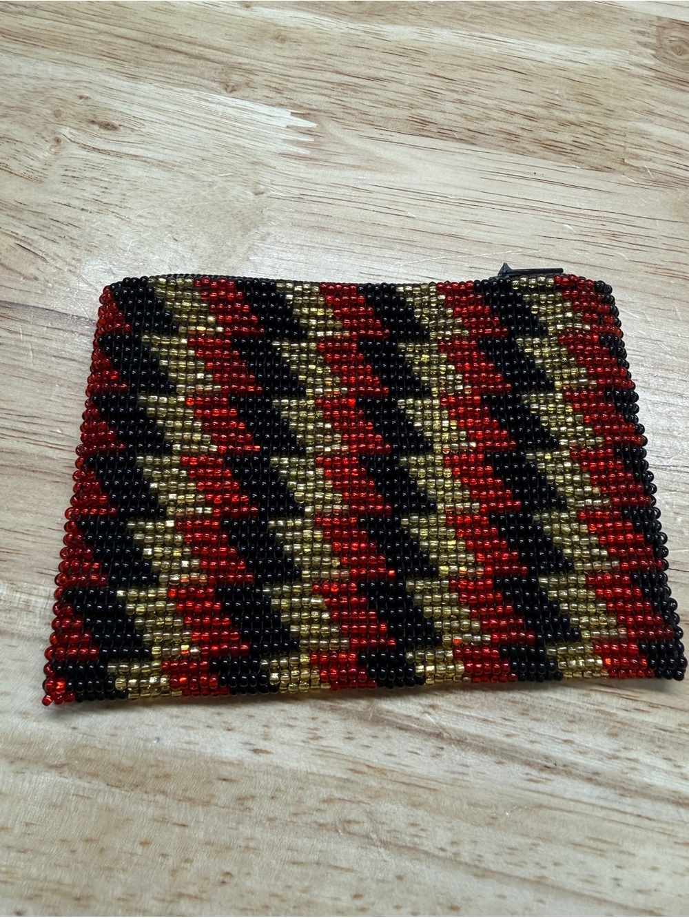 Hand Beaded Mexican Coin Purse 4x3” Red Black Gold Geometric Handmade